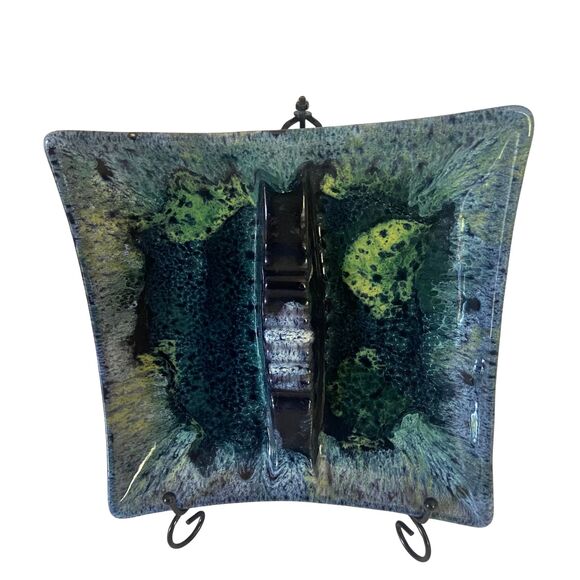 VTG Anna Van Briggle Art Pottery Mottled Blue Drip Glaze Ashtray Signed 9” - Picture 2 of 8